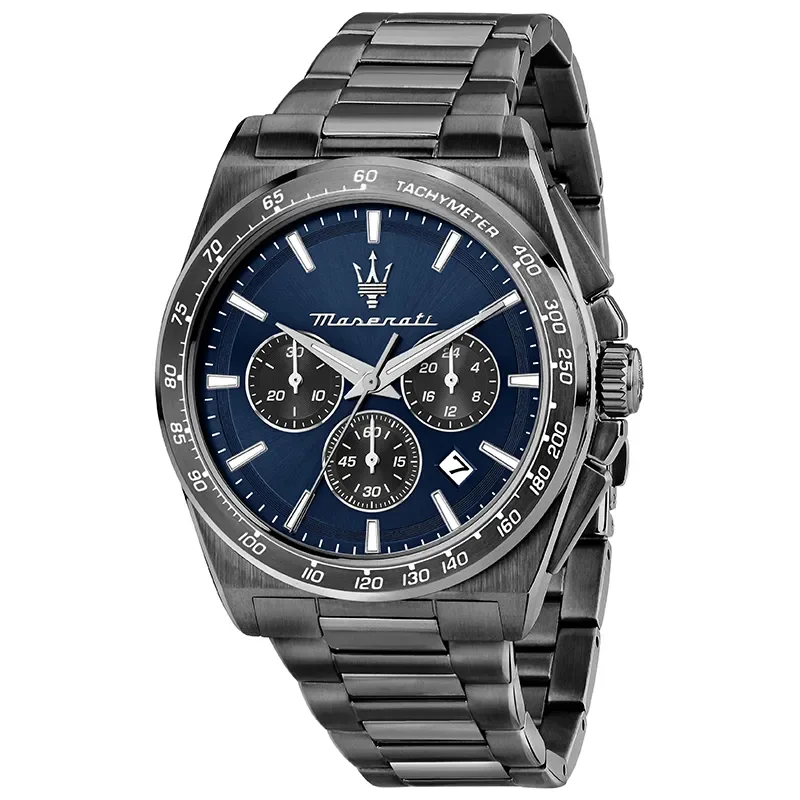 Maserati Velocità R8873652015 produktbillede med blå skive, chronograph og mørk stållænke