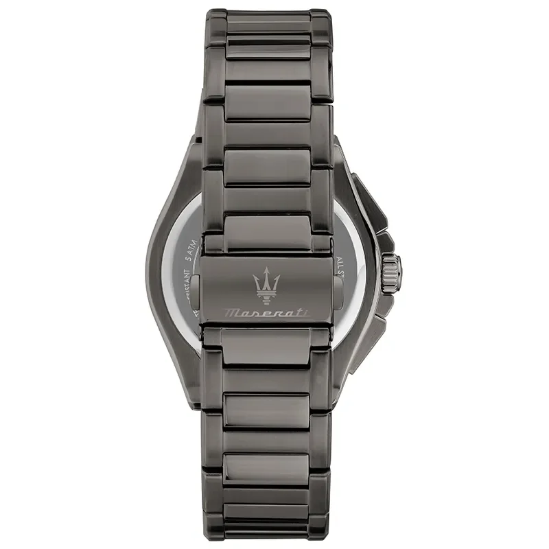 Bagside af Maserati Velocità Slim R8873653006 med mørk stållænke og Maserati-logo på spændet