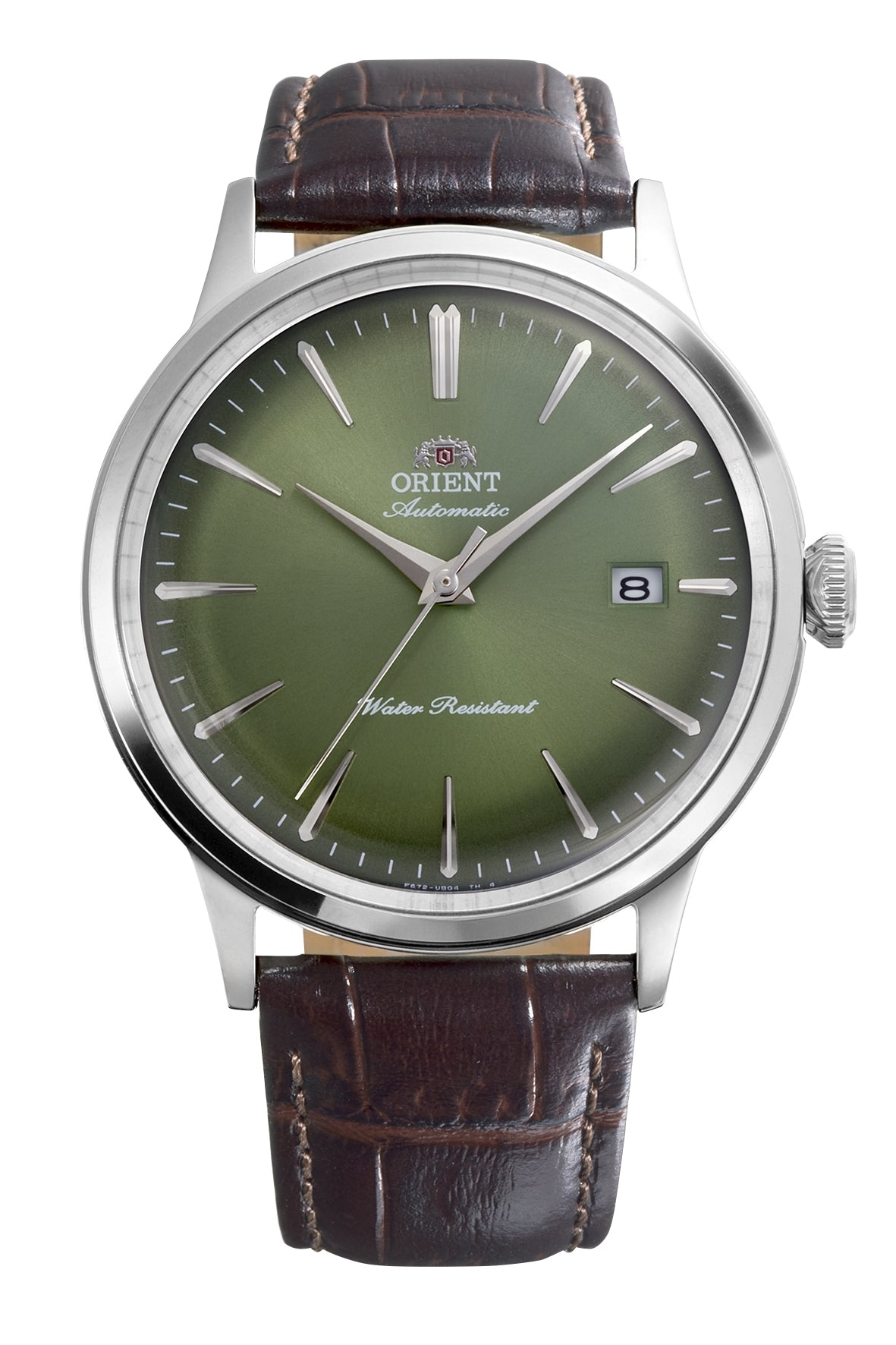 Orient Bambino RA-AC0029E automatisk ur med grøn urskive, sølvfarvet urkasse og brun læderrem