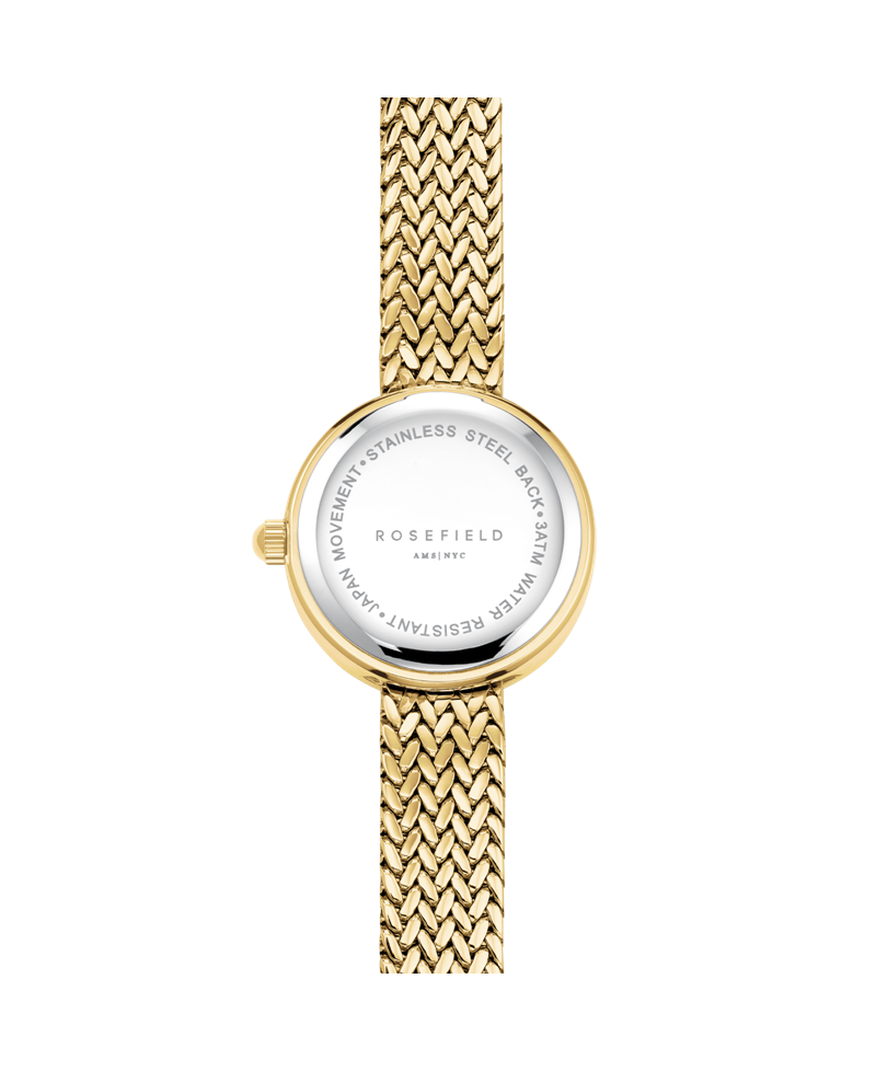 Rosefield Mini's MCGMG-M03 bagside med champagnefarvet lænke og urkasse i rustfrit stål