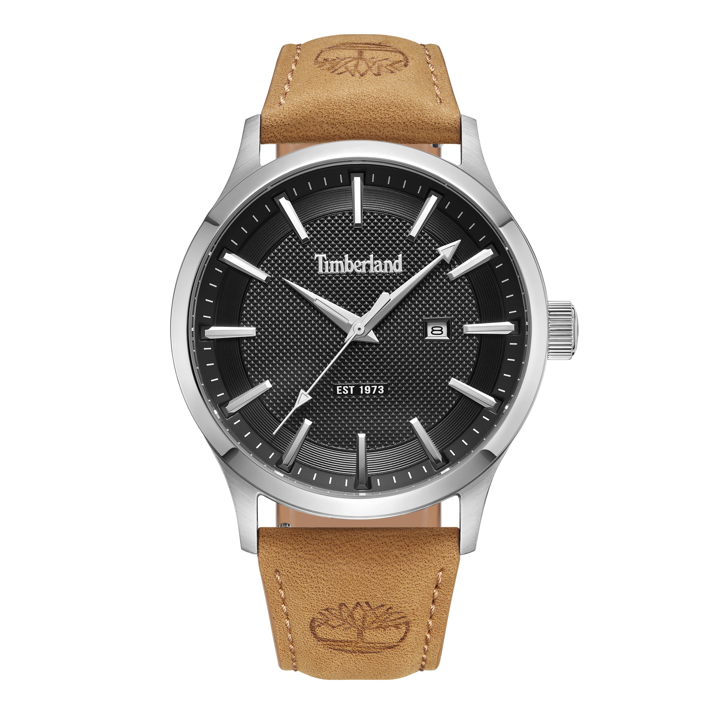 Timberland Trumbull TDWGB0041003 herreur med sort skive, brun rem og stålfarvet urkasse set forfra