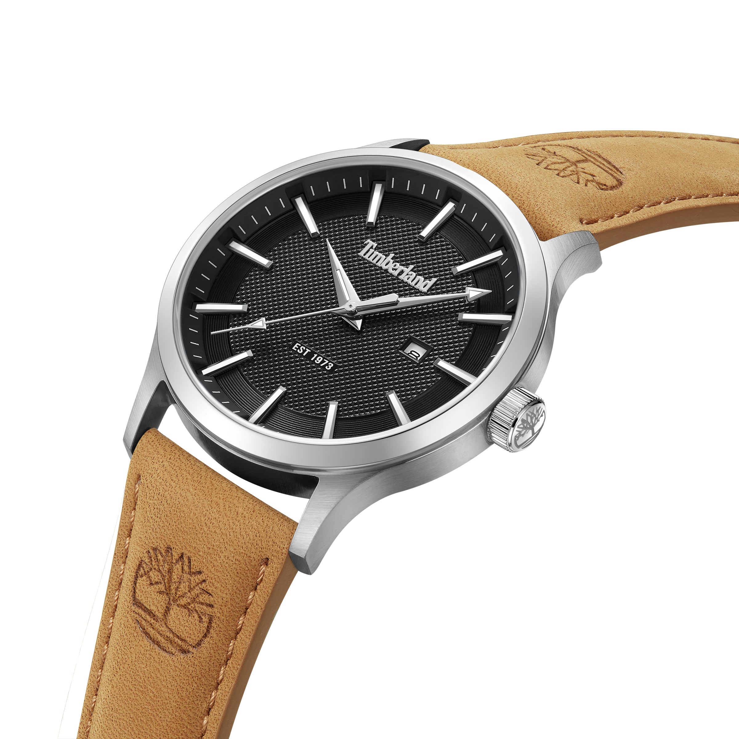 Timberland Trumbull TDWGB0041003 i skrå vinkel med sort skive, brun rem og stålfarvede detaljer