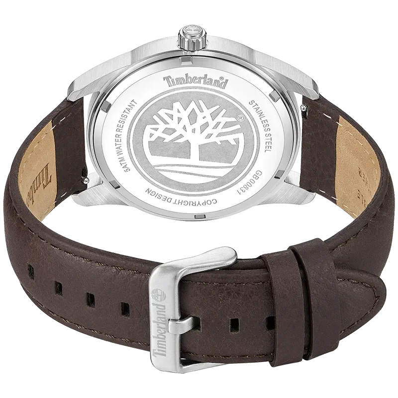Timberland Birch Road TDWGB0083102 i skrå vinkel med champagnefarvet skive, brun rem og stålfarvede detaljer