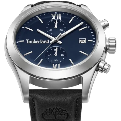 Nærbillede af Timberland Ripgorge TDWGC0075203 med blå skive, datovisning og stålfarvede detaljer