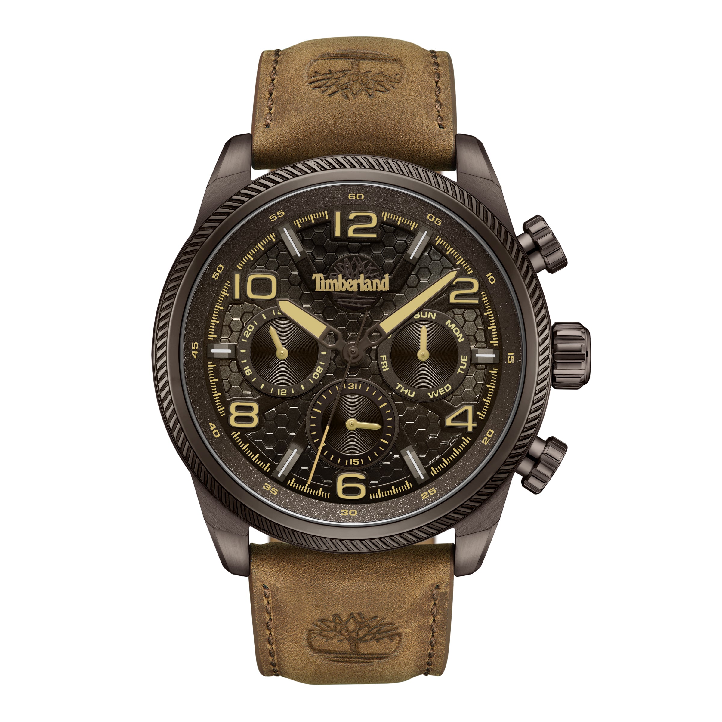 Timberland Henniker II TDWGF0028706 herreur med brun skive, brun rem og mørk urkasse set forfra