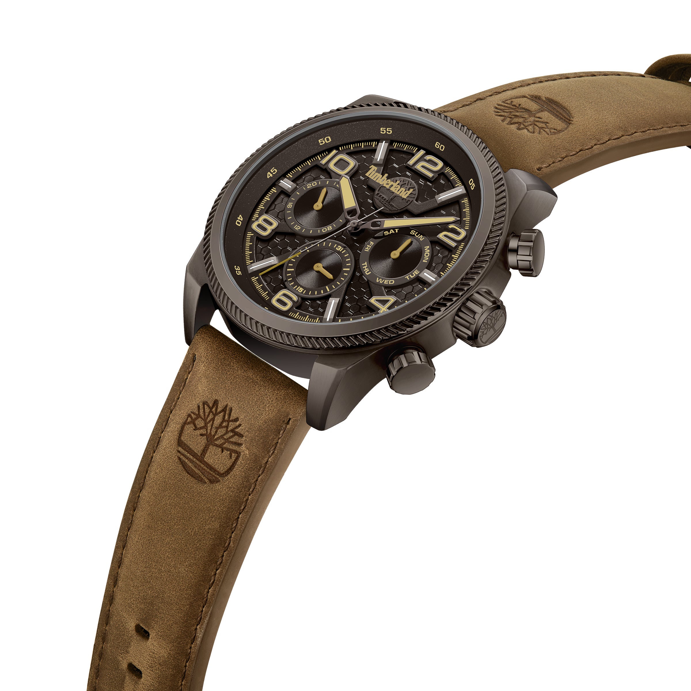 Timberland Henniker II TDWGF0028706 herreur med brun skive, brun rem og mørk urkasse set forfra