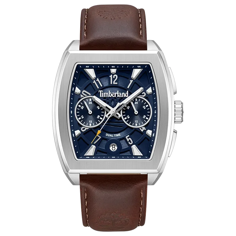 Timberland Morristown TDWGF0094103 herreur med blå skive, brun rem og firkantet stålfarvet urkasse set forfra