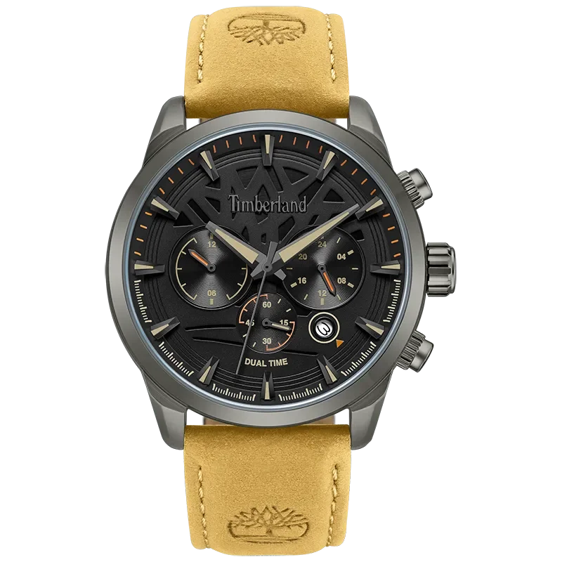 Timberland Henniker II TDWGF0095003 herreur med sort skive, lys brun rem og mørk urkasse set forfra