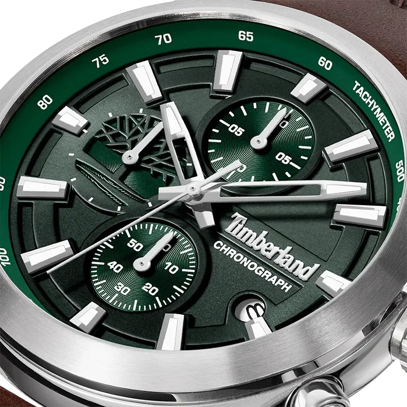 Nærbillede af Timberland Ashmont TDWGF0095101 med grøn skive, chronograph og stålfarvede markeringer