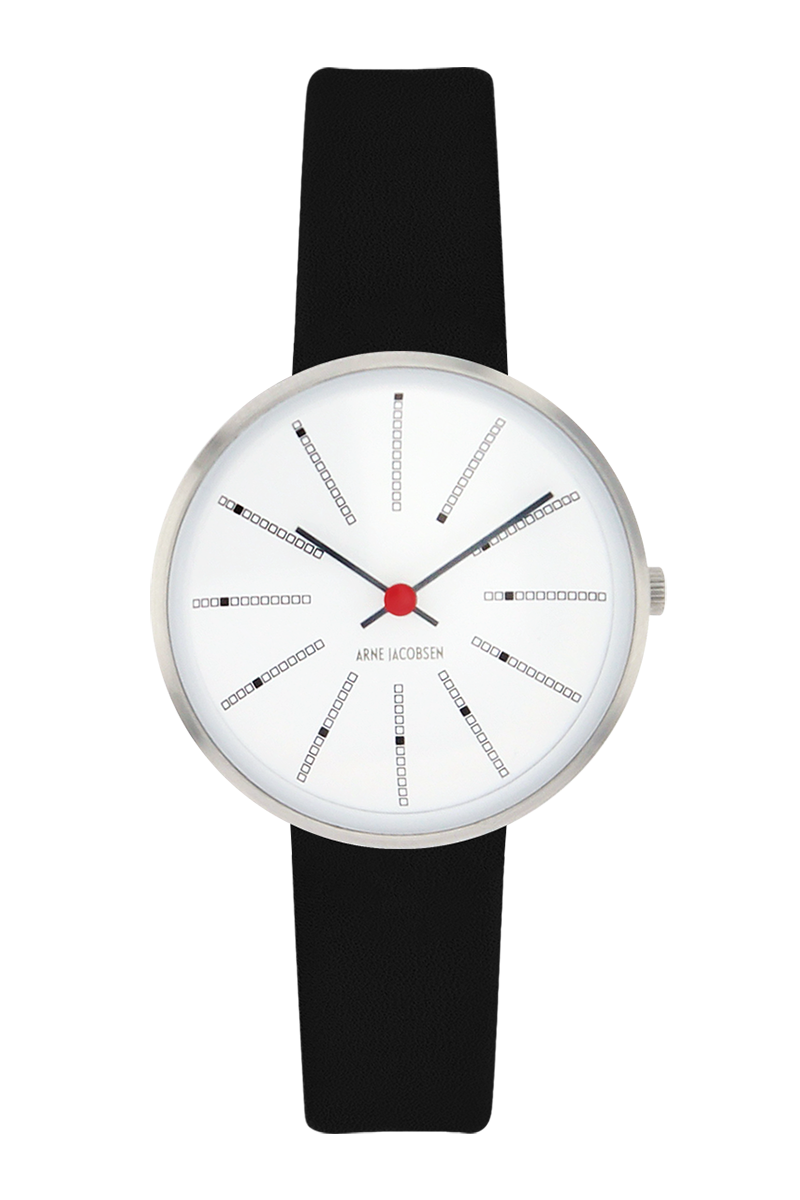 Arne Jacobsen Bankers Hvid 30 mm armbåndsur med hvid urskive, børstet stålramme, sort 14 mm læderrem, Miyota 5Y20 og 3 ATM vandtæthed.