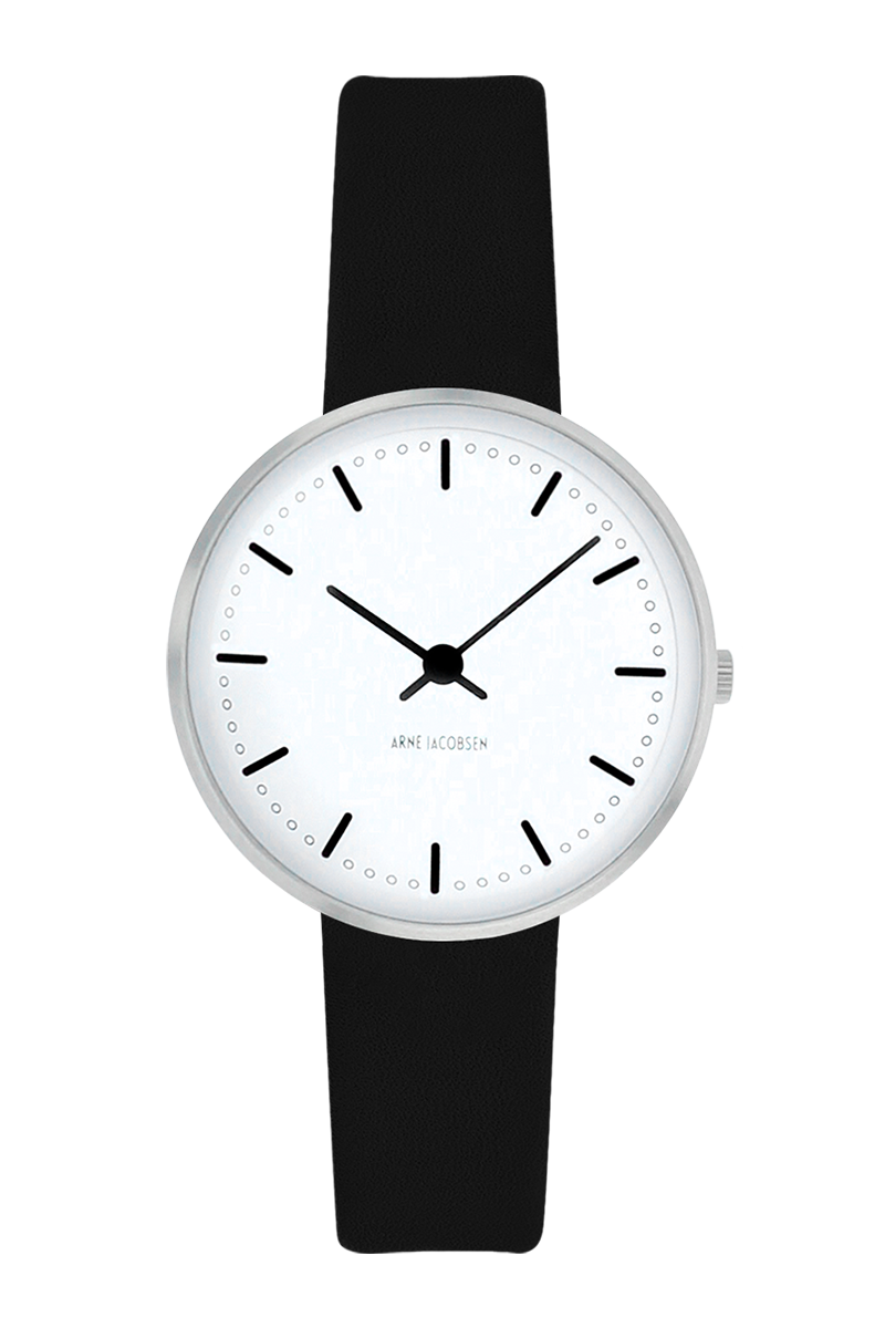 Arne Jacobsen City Hall Hvid 30 mm armbåndsur med hvid urskive, børstet stålramme, sort 14 mm læderrem, Miyota 5Y20 og 3 ATM vandtæthed.