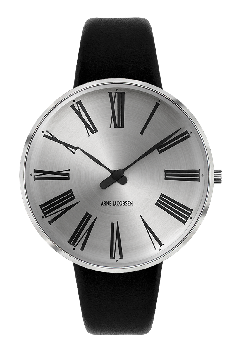 Arne Jacobsen Roman Sunray Silver 40 mm armbåndsur med Sunray urskive, poleret stålramme, sort 20 mm læderrem, Miyota GL26 og 3 ATM vandtæthed.