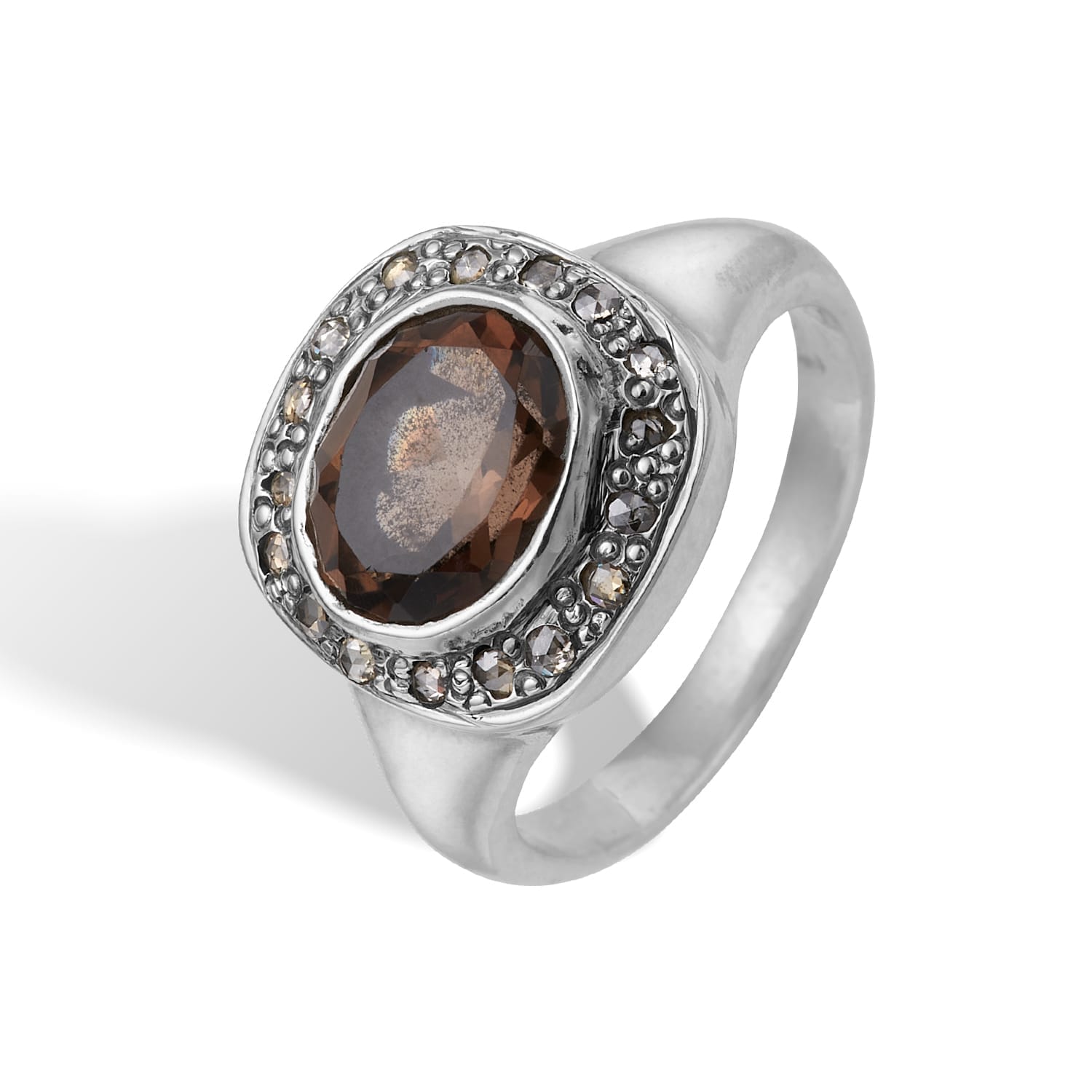 ByBirdie Frida Signet Pavé Smoky Quartz ring i 925 sterlingsølv med brun røgkvarts og rosenslebne diamanter på samlet 0,26 ct.