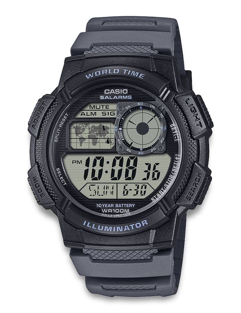 Casio AE-1000W-8AVEF digital herreur med world time, sort digital skive, resin urkasse, LED lys, 10 års batteri og 100 meter vandtæthed.