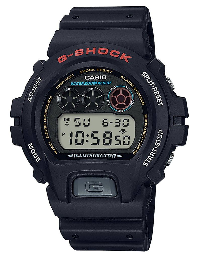 Casio G-SHOCK DW-6900U-1ER sort digitalt herreur med stødsikker resinurkasse, resinrem, tre indikatorfelter, LED Super Illuminator, stopur og 20 bar vandtæthed.