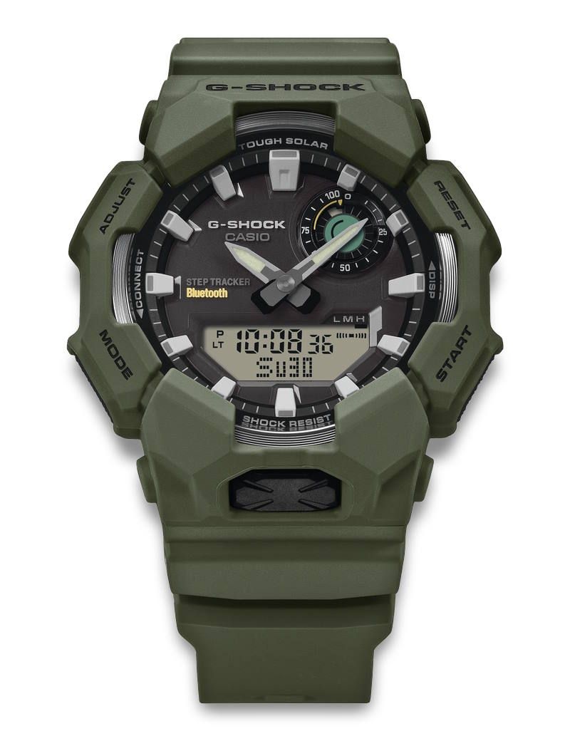 Casio G-SHOCK GA-B010-3AER herreur med mørkegrøn urkasse og resinrem, sort analog-digital urskive, Tough Solar, Bluetooth, skridttæller, Carbon Core Guard og 20 bar vandtæthed.