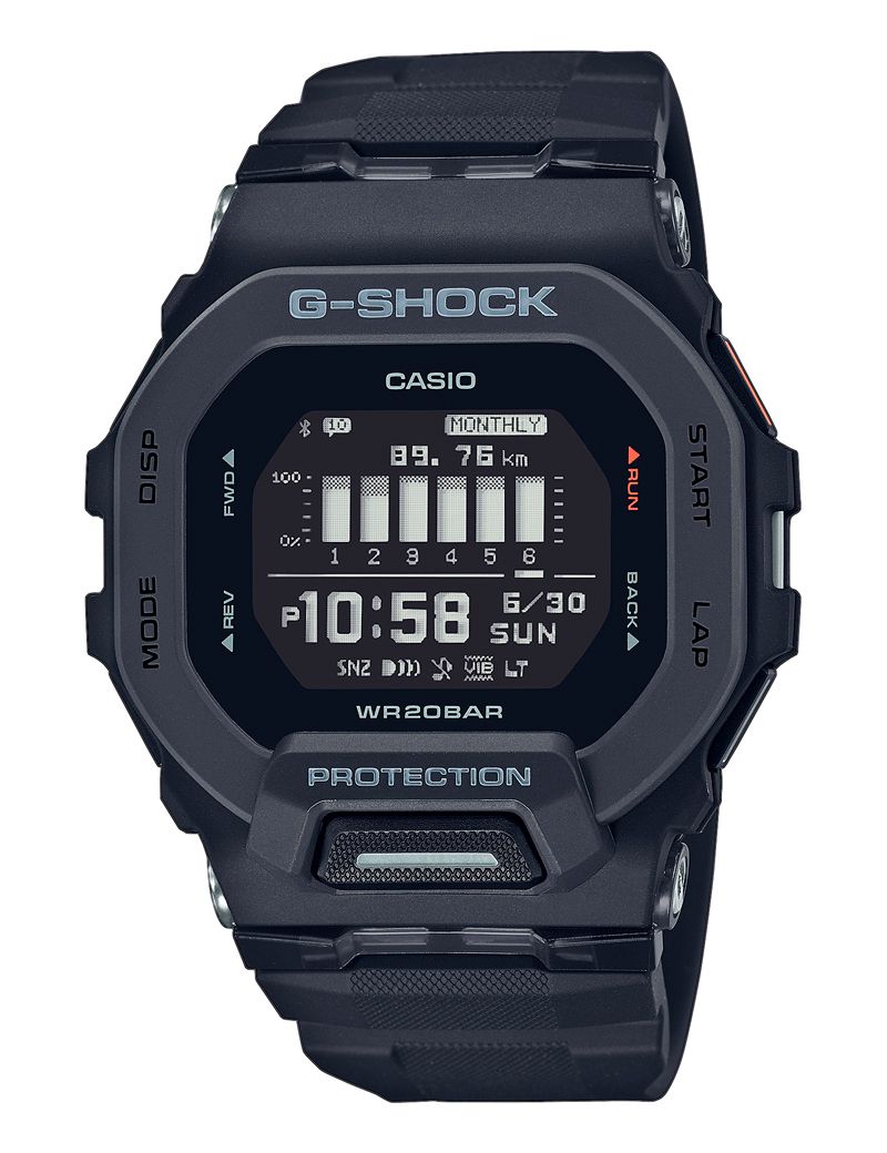 Casio G-Shock GBD-200-1ER digitalt herreur i sort resin med Bluetooth, skridtmåler, mineralglas, vibrationsalarm og 200 meter vandtæthed.