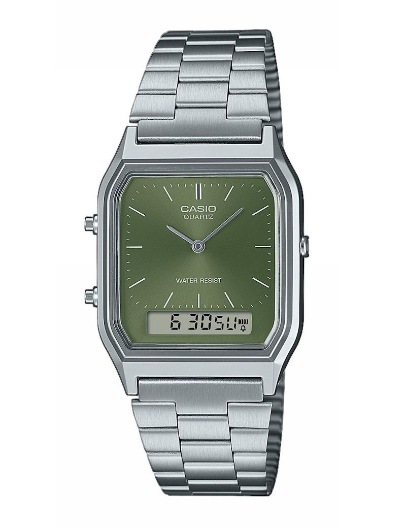 Casio Vintage AQ-230A-3AMQYES unisexur med grøn Sunray-urskive, sølvfarvet rektangulær urkasse, justerbar stållænke, analog-digital tidsvisning, Dual Time og stopur.