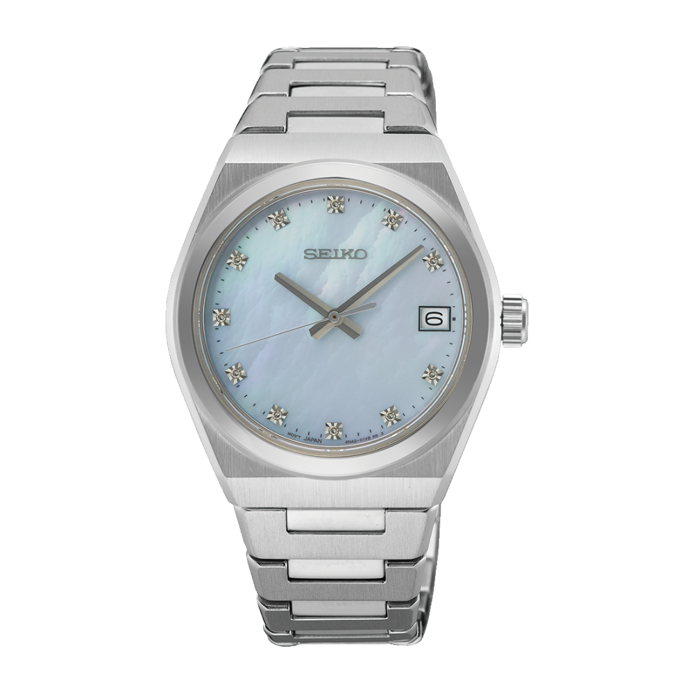 Seiko Classic SUR603P1 dameur med perlemorsskive, diamantindeks, safirglas, rustfri stålkasse, stållænke og 10 bar vandtæthed.