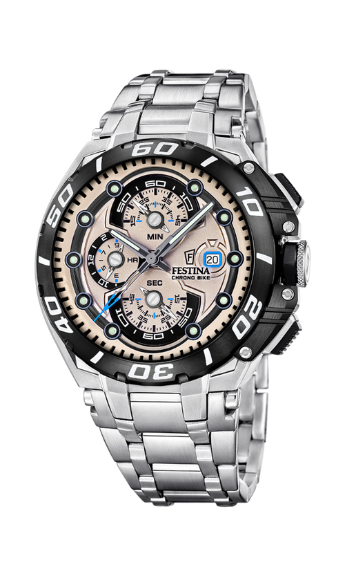 Festina Chrono Bike F20754/2 herreur i rustfrit stål med brun skive, sort lynette, chronograf-design og 46 mm urkasse.