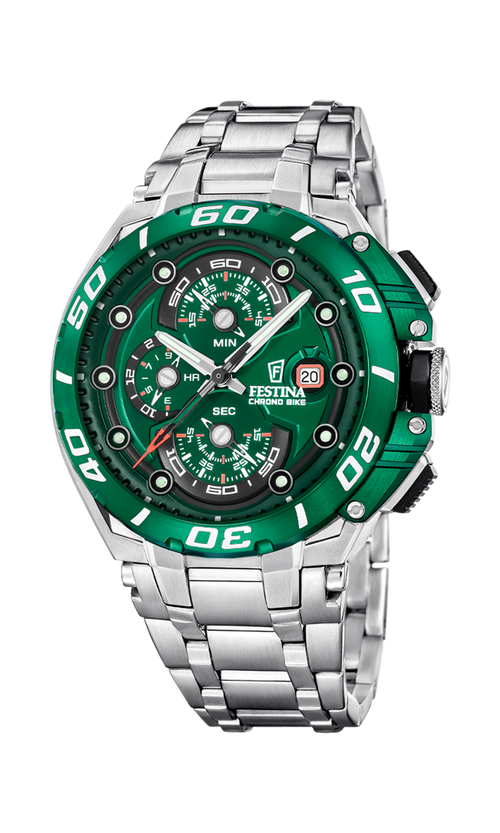 Festina Chrono Bike F20754/5 herreur i rustfrit stål med grøn skive, grøn lynette, chronograf-design og 46 mm urkasse.