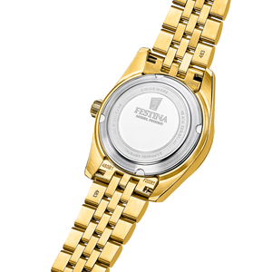 Festina Swiss Made Classic Steel F20089/3 med sort perlemorsskive, stenmarkeringer, safirglas og dato.