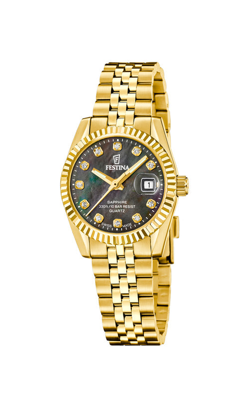 Festina Swiss Made Classic Steel F20089/3 dameur i guldfarvet 316L rustfrit stål med sort perlemorsskive, safirglas og datovisning.