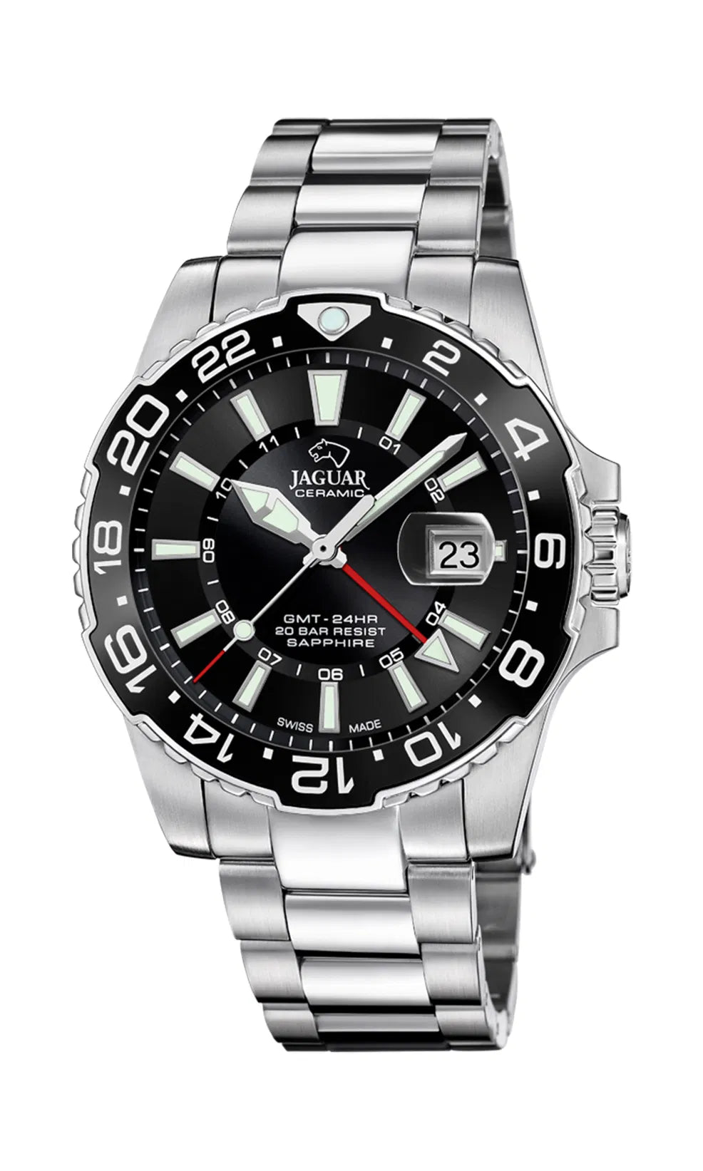 Jaguar J1011/6 GMT Diver herreur med sort skive, keramisk krans, stållænke, safirglas og 20 ATM vandtæthed