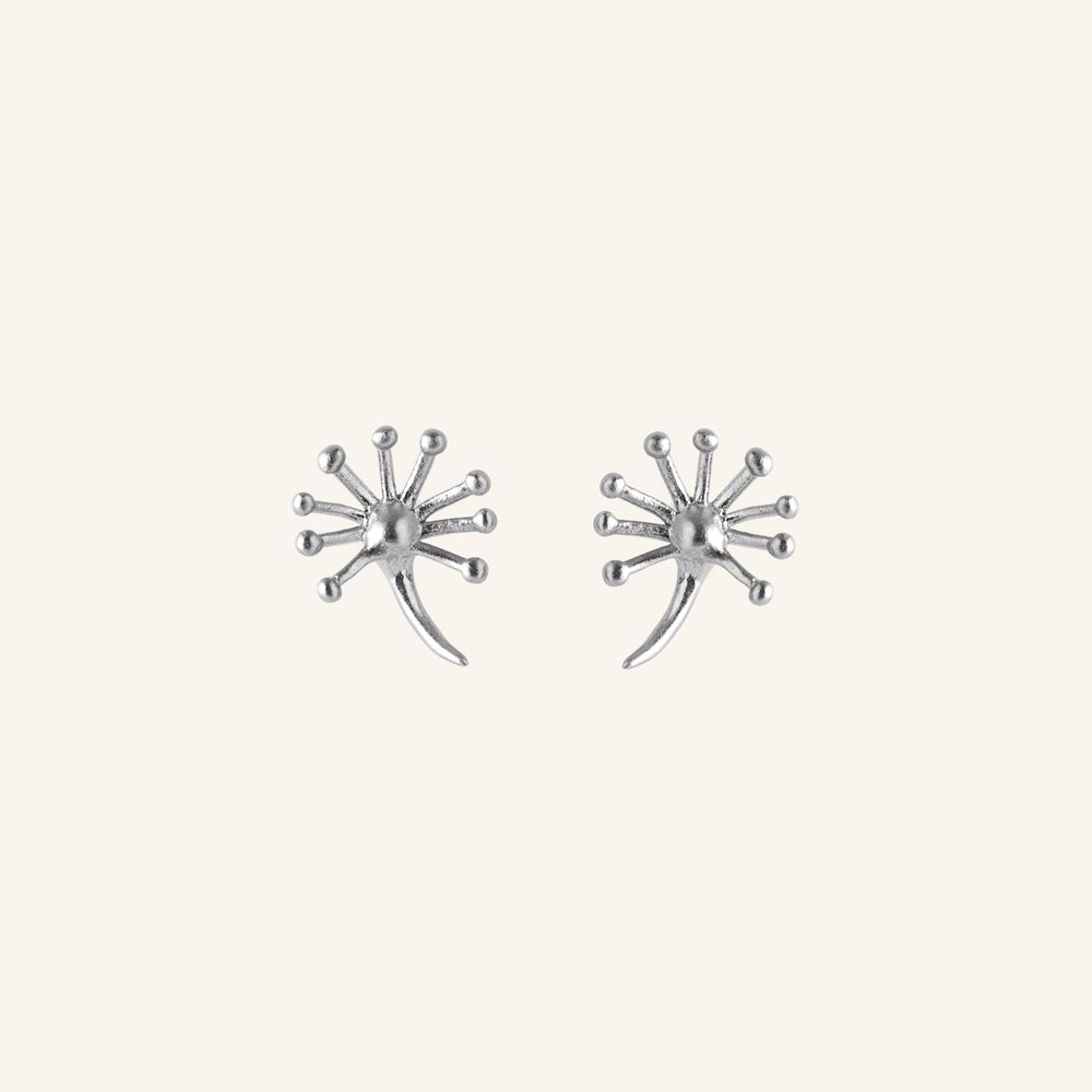 Pernille Corydon Dandelion E-365-S, par ørestikker i 925 sterlingsølv med sølvfarvede, forgrenede mælkebøttefrø med små afrundede ender. Naturinspireret design, ca. 11 mm, på lys baggrund.