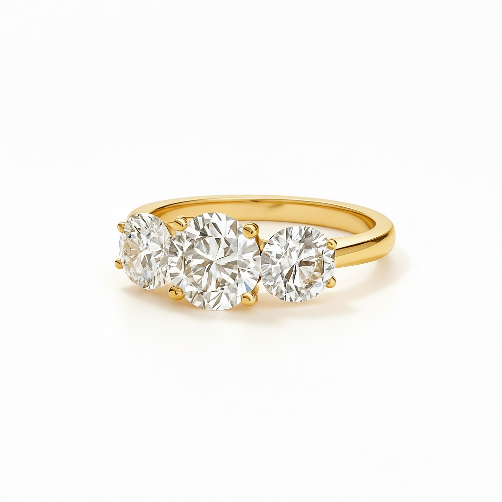 Tre-stens ring i 14kt guld med round cut labgrown diamanter fra ISABELLA Collection. Frontvisning med én stor centersten og to matchende sidesten i blankpoleret dansk design.