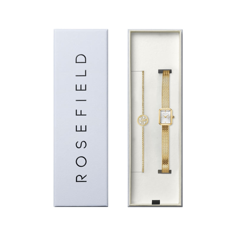 Rosefield Gift Set MWGTG-X297 med hvid urskive, guldfarvet urkasse, guldfarvet stållænke, Miyota urværk, mineralglas og 3 ATM vandtæthed.