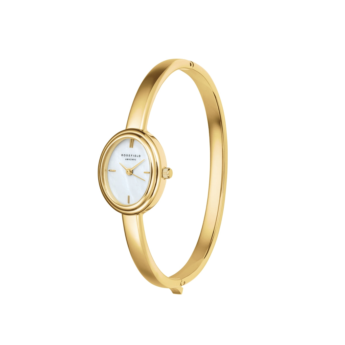 Rosefield Studio Bangle STWGSG-ST06 dameur med perlemorsskive, guldfarvet stållænke, Miyota urværk, mineralglas og 3 ATM vandtæthed.