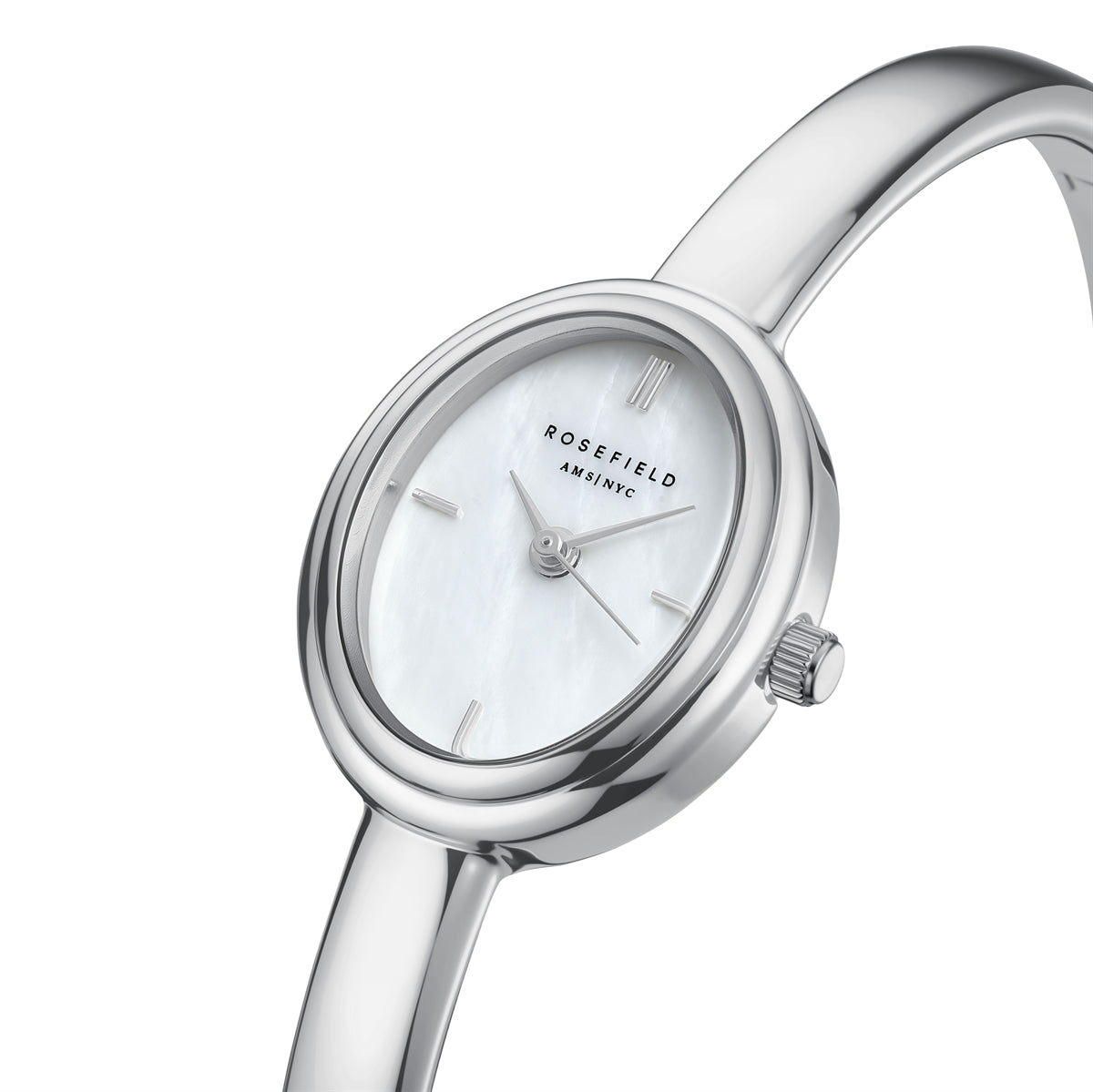 Rosefield Studio Bangle STWSSS-ST07 dameur med perlemorsskive, sølvfarvet stållænke, Miyota urværk, mineralglas og 3 ATM vandtæthed.
