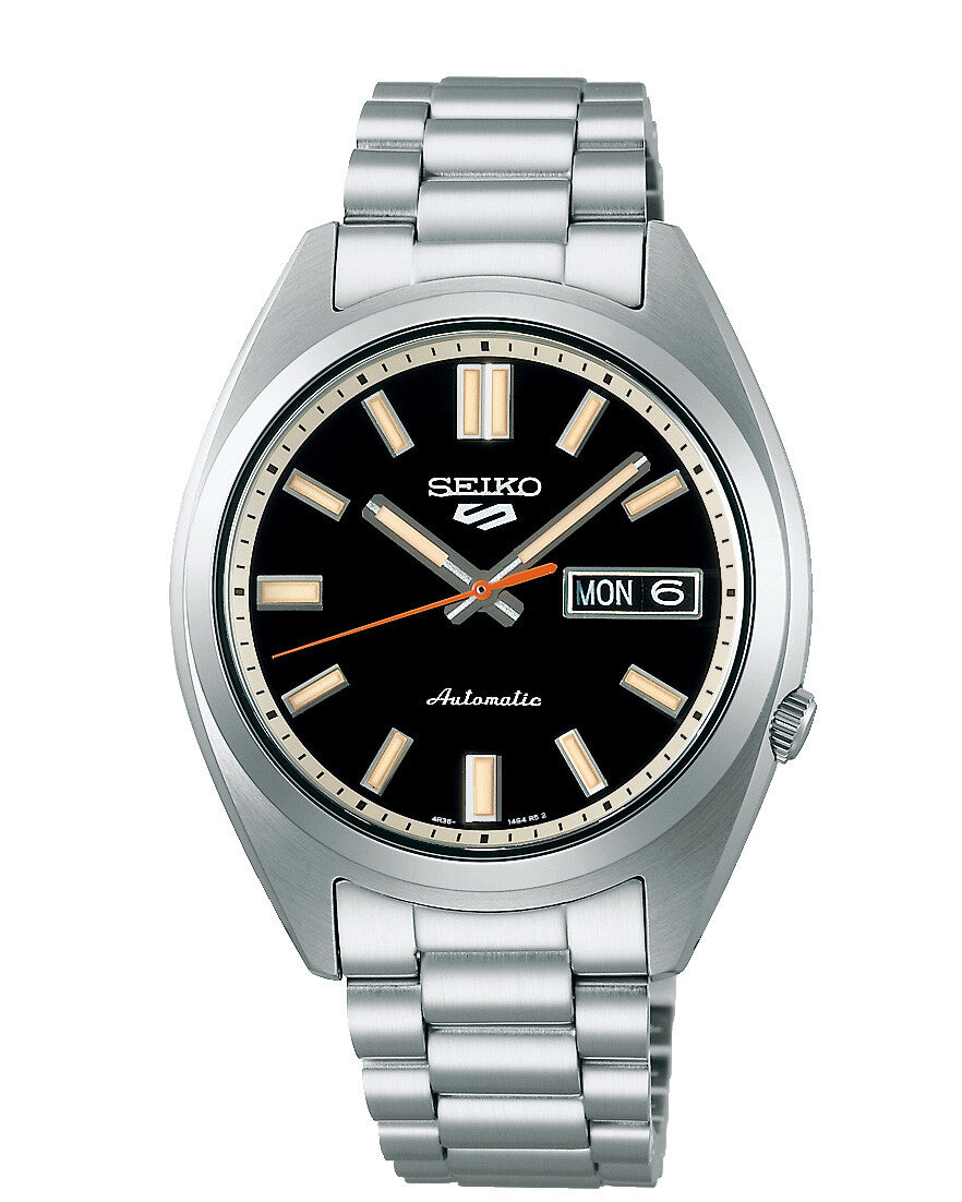 Seiko 5 Sports SRPK89K1 automatisk herreur med sort urskive, rustfri stållænke, kaliber 4R36, Hardlex glas, dag/dato og 10 bar vandtæthed.