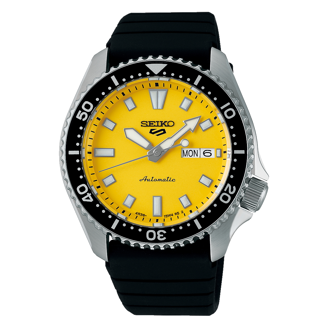 Seiko 5 Sports SRPL87 SKX series automatic herreur med kaliber 4R36, silikonerem, dag/dato, buet Hardlex og 10 bar vandtæthed.
