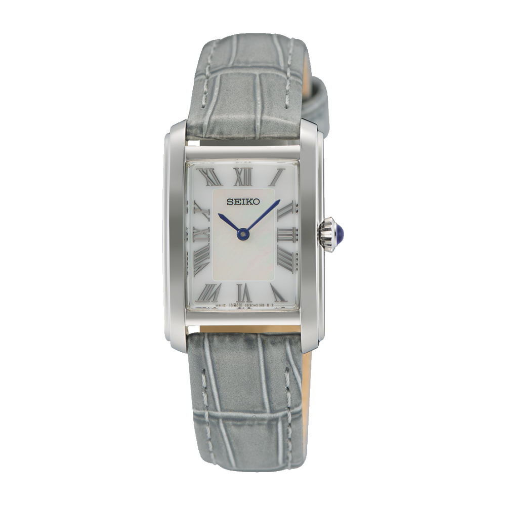 Seiko SWR099P1 dameur med perlemorsskive, romertal og lysegrå læderrem