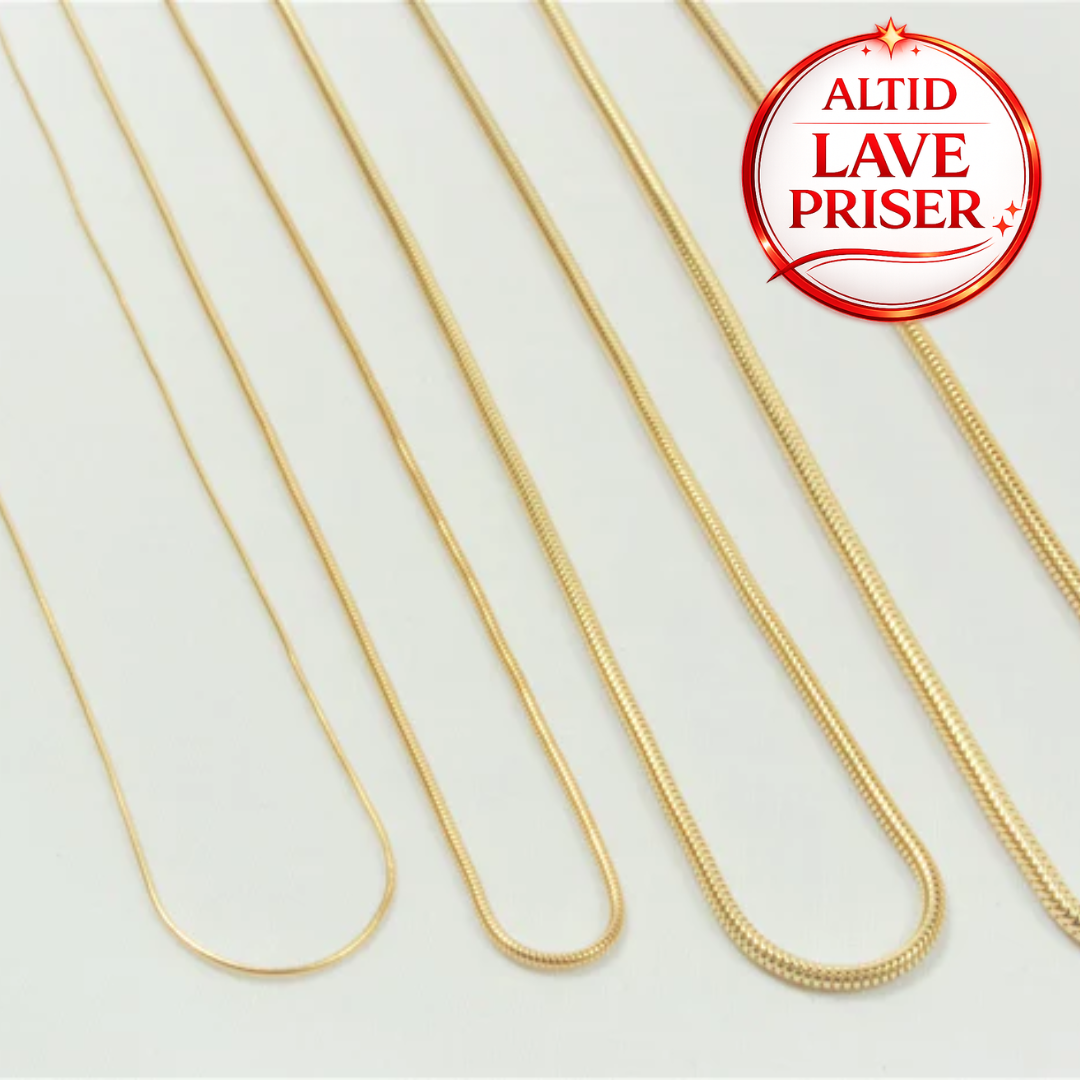 BNH 14Kt guld slange armbånd og kæder i flere bredder på lys baggrund med altid lave priser mærke