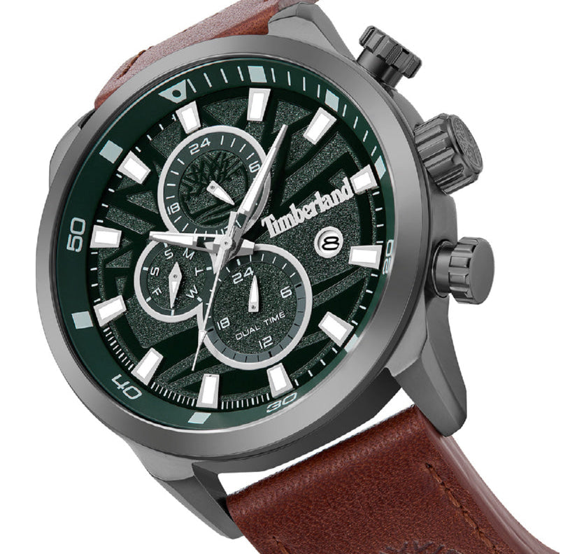 Detaljebillede af Timberland Henniker II med grøn urskive og multifunktionelle subdials