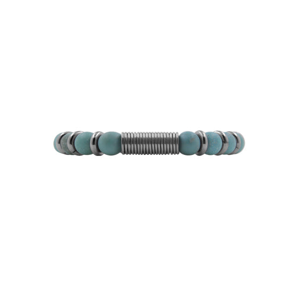 ZEEZEN perlearmbånd med turkisfarvede 8 mm perler, poleret spirallås og længde på 20 cm på hvid baggrund.