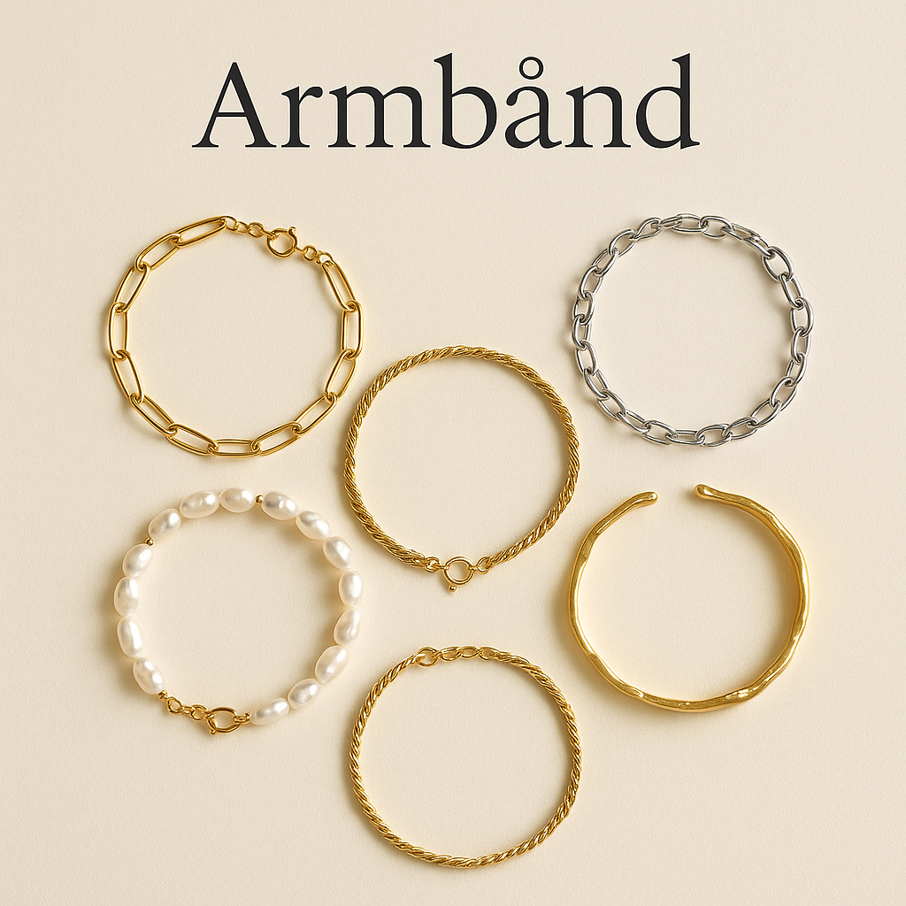 Fem armbånd i forskellige designs – herunder guld-, sølv- og perlearmbånd – præsenteret på en lys baggrund med overskriften 'Armbånd' i sort skrifttype.
