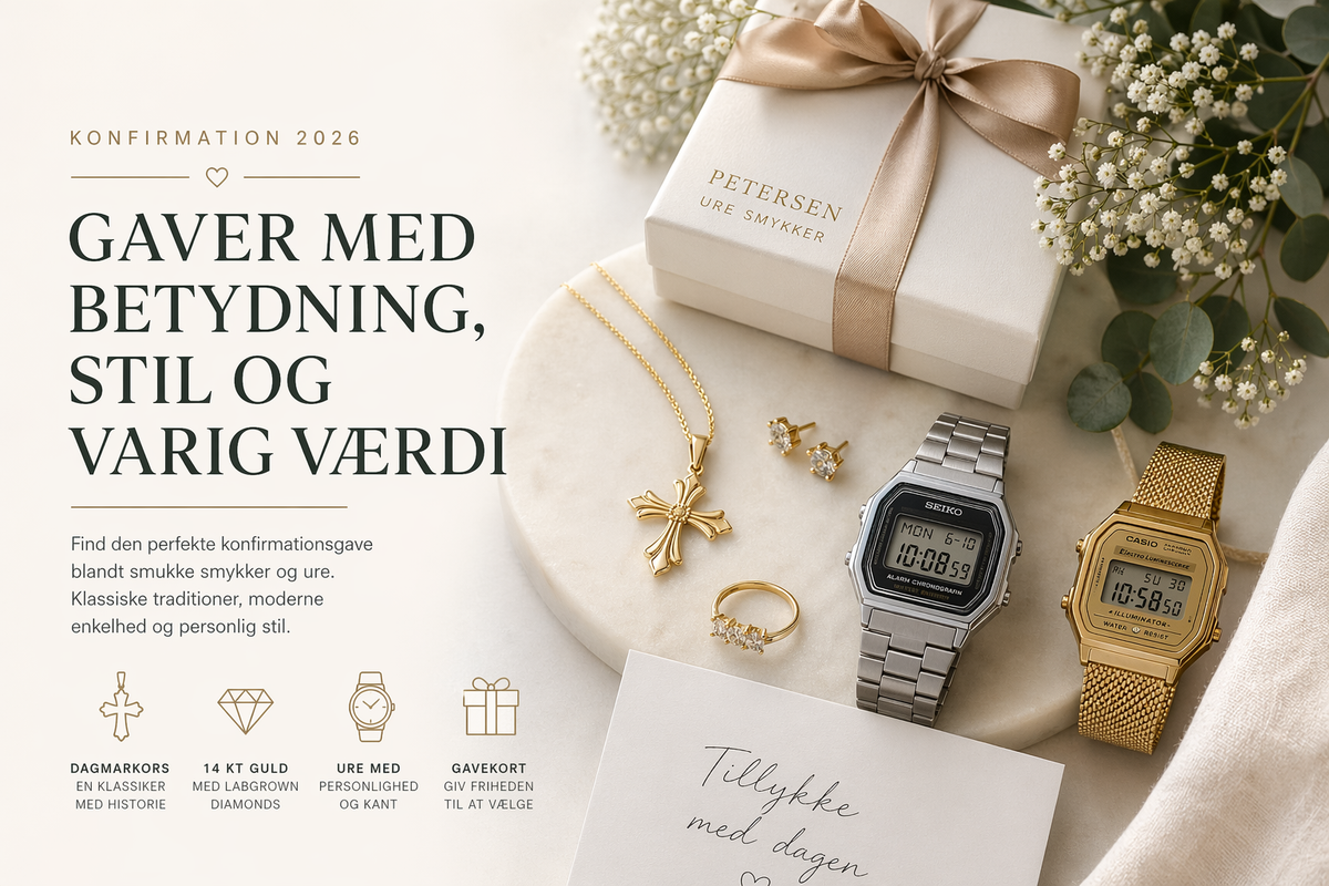 Gaveidéer til konfirmation 2026 med smykker og ure. [ai-redigeret]