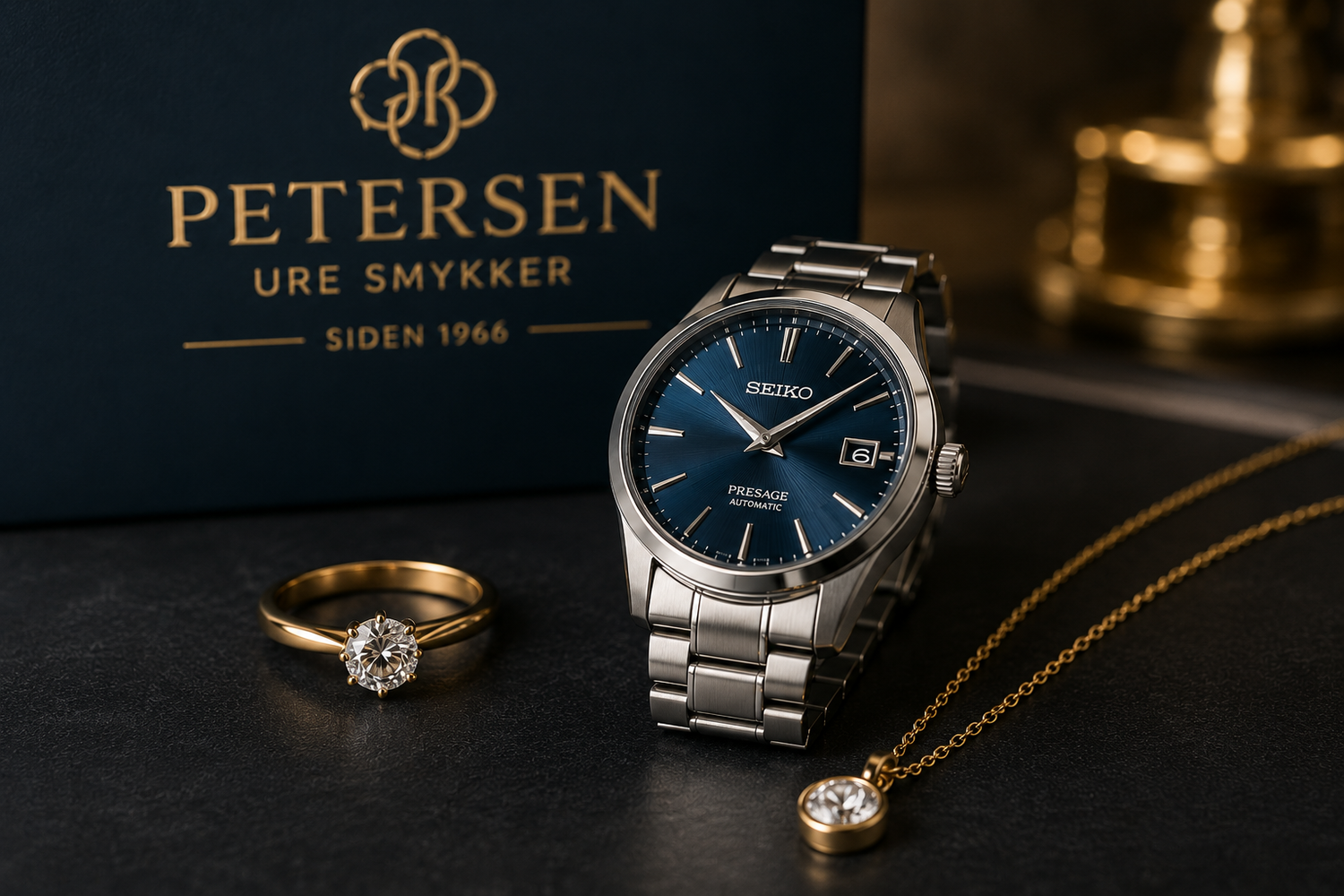 Elegant ur og guldsmykker præsenteret i eksklusivt miljø hos Petersen Ure Smykker med fokus på kvalitet, håndværk og tidløst design.