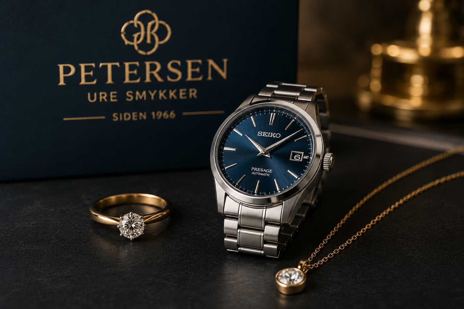 Elegant ur og guldsmykker præsenteret i eksklusivt miljø hos Petersen Ure Smykker med fokus på kvalitet, håndværk og tidløst design.