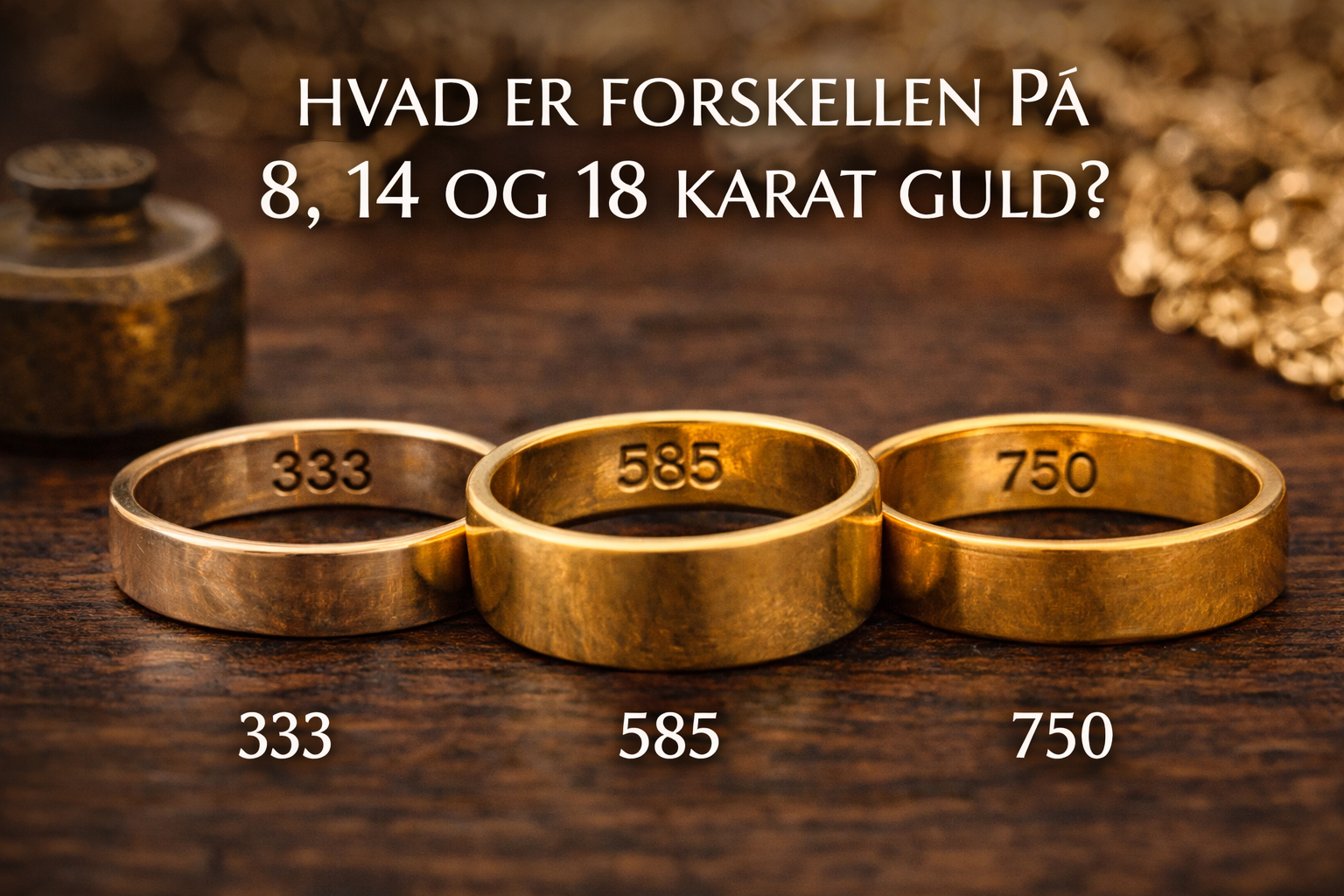 Illustration af forskellen på 8, 14 og 18 karat guld. [ai-genereret]