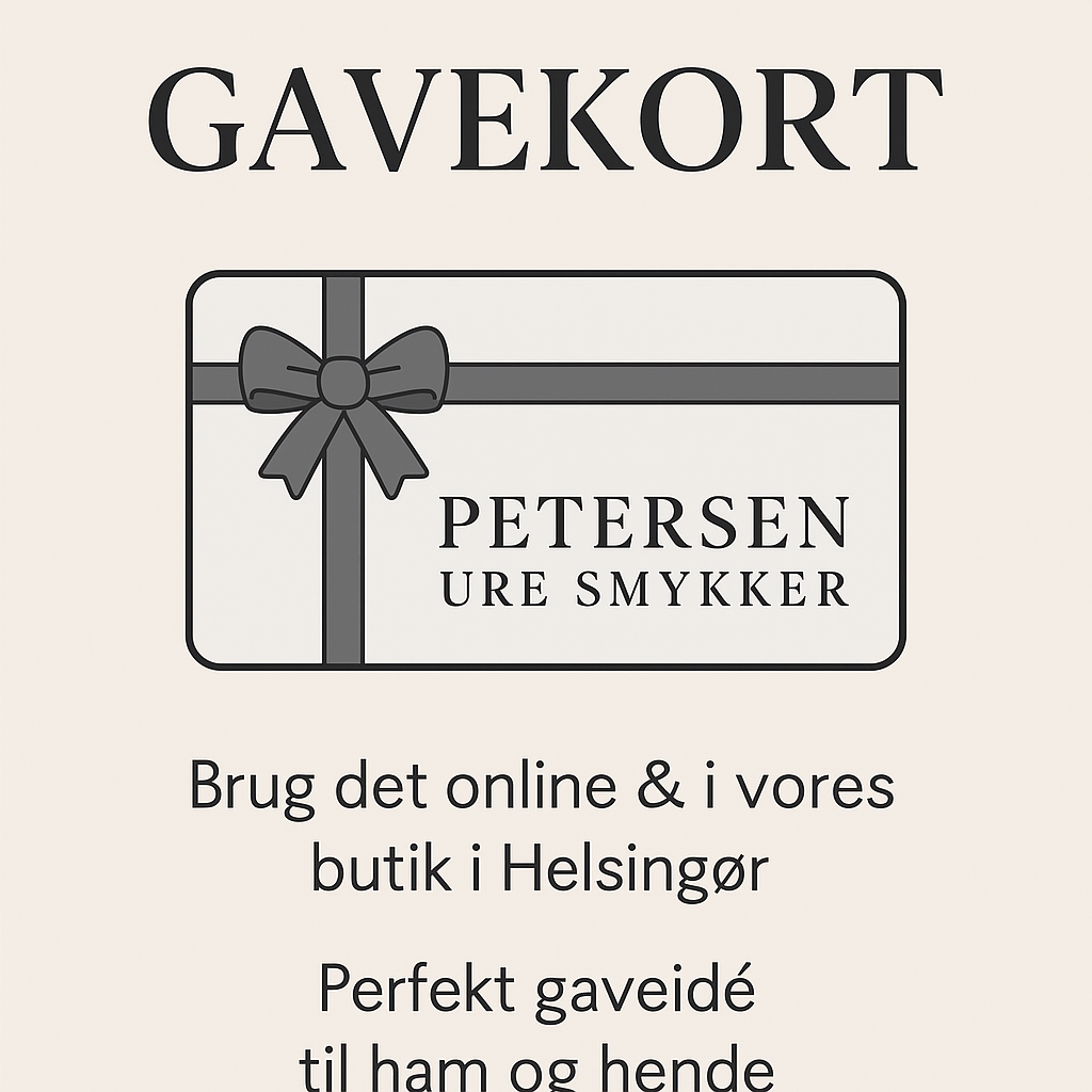Digitalt gavekortdesign fra Petersen Ure Smykker med sort gavebånd, teksten "GAVEKORT" og information om brug i butik og online – en perfekt gaveidé til ham og hende.