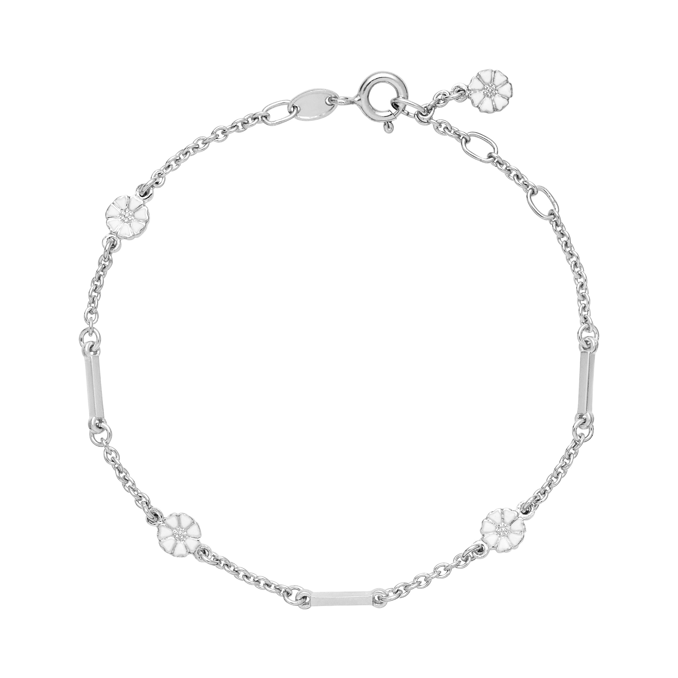 MARGUERIT ARMBÅND 4X5 MM MED PIND HVID EMALJE 17-18-19 CM 925
