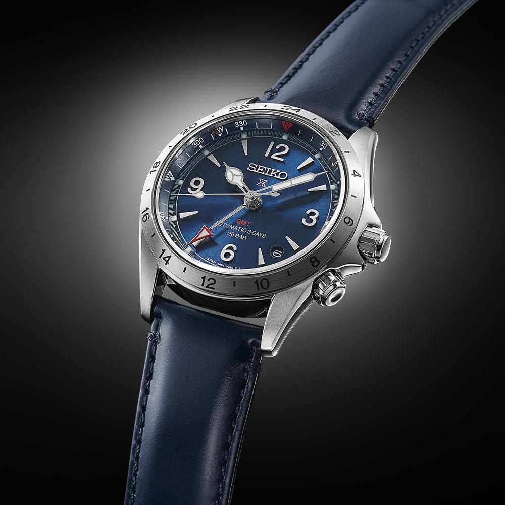 Seiko Prospex GMT herreur med blå urskive og læderrem – automatisk ur 20 bar