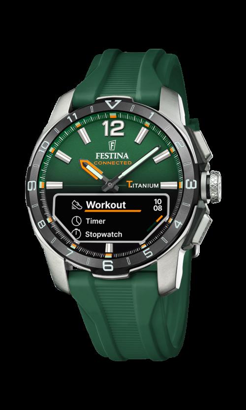 Et Festina Connected D 23000/2 ur med en grøn urskive og matchende grøn gummirem. Uret kombinerer klassisk analogt design med moderne smartwatch-funktioner, herunder træningssporing og stopur, og har en robust titaniumkonstruktion.