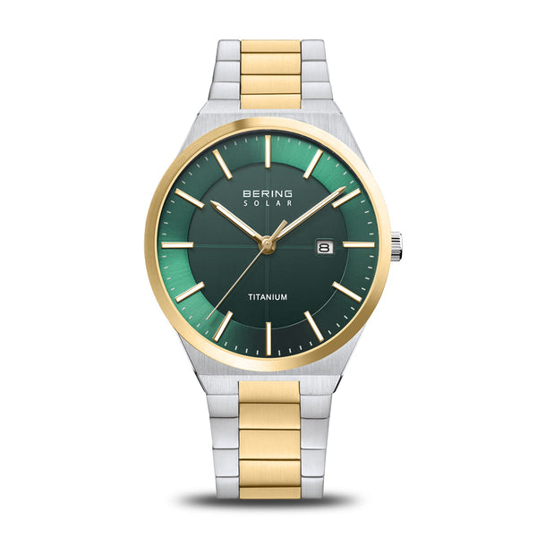Bering Titanium Herreur 39 mm poleret/børstet guld grøn - 14439-718, frontvisning, titanium, grøn urskive