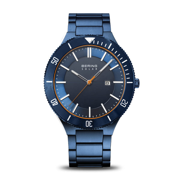 Bering Solar Herreur 43 mm poleret/børstet blå blå - 14443-797, frontvisning, rustfrit stål, blå urskive